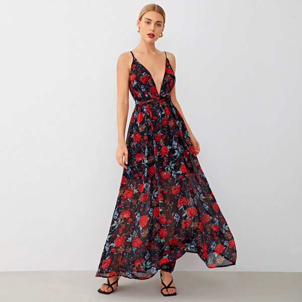 

Plunging Neck Twist Front Low Back Floral Maxi Cami Dress, Multicolor