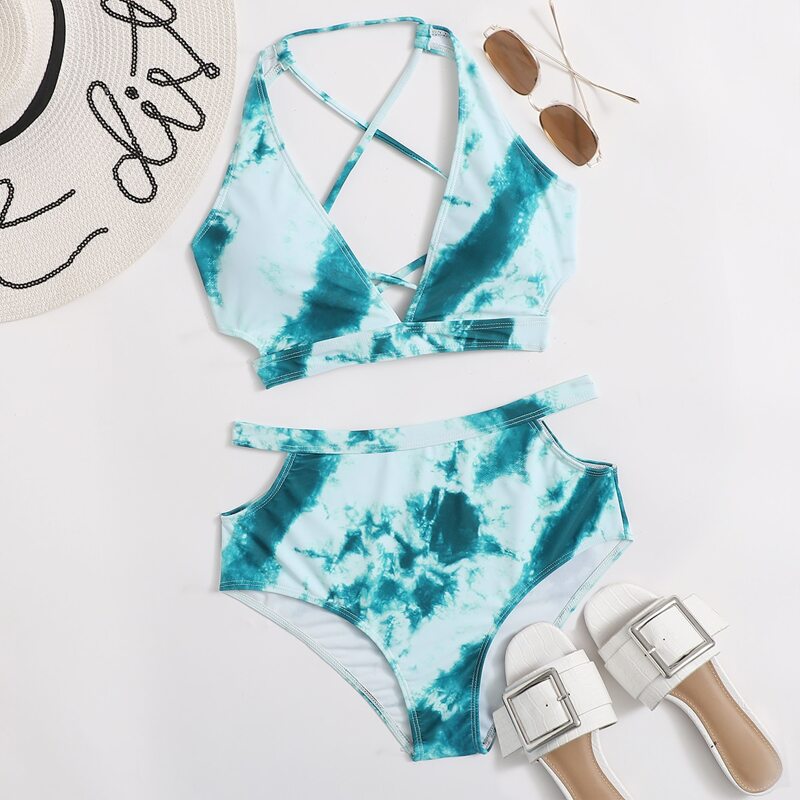 

Tie Dye Cut-out High Waisted Bikini Swimsuit, Green