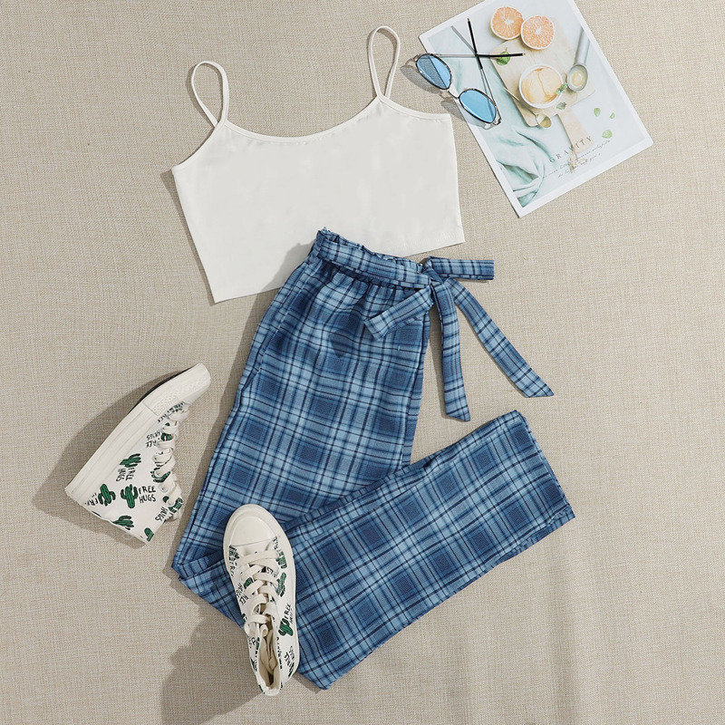

White Cami & Plaid Belted Pants, Multicolor