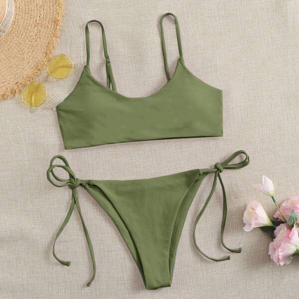 

Plain Tie Side Bikini Swimsuit, Army green