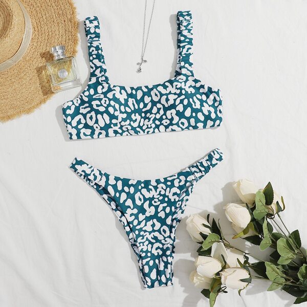 

Allover Print High Cut Bikini Swimsuit, Teal blue