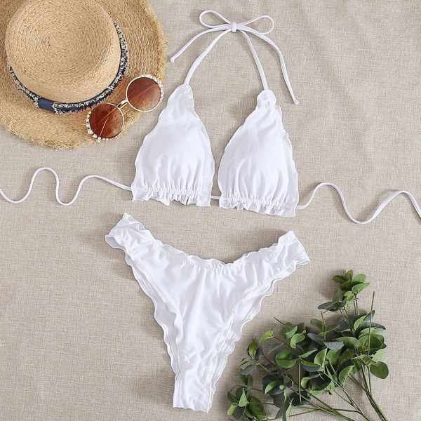 

Lettuce Trim Triangle Halter Bikini Swimsuit, White