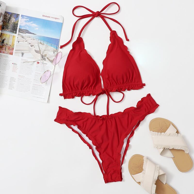 

Lettuce Trim Triangle Halter Bikini Swimsuit, Red