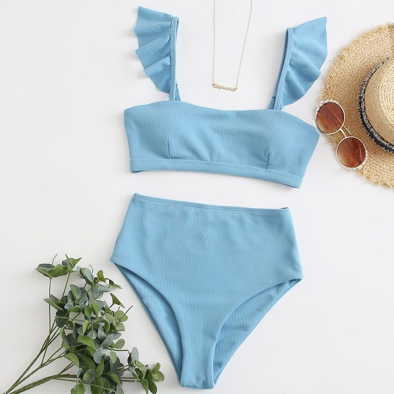 

Rib Ruffle Trim High Waisted Bikini Swimsuit, Pastel baby blue