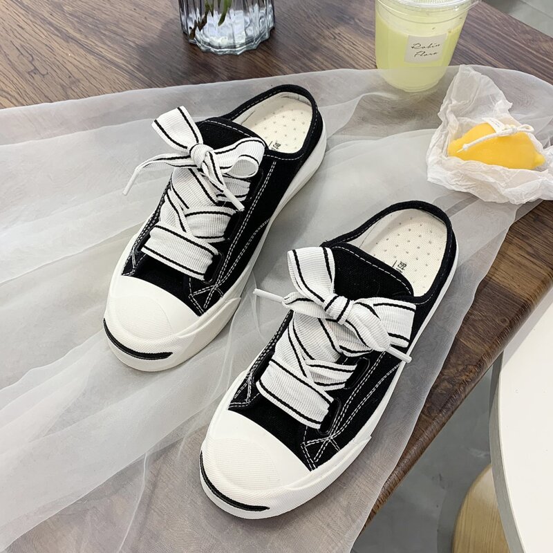 

Lace-up Canvas Sneaker Mules, Black