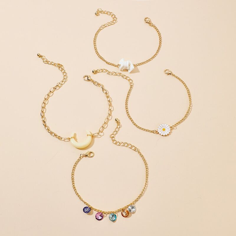

4pcs Rhinestone & Floral Chain Bracelet, Gold