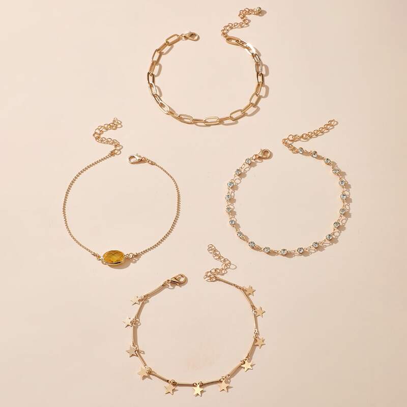 

4pcs Rhinestone & Star Chain Bracelet, Gold