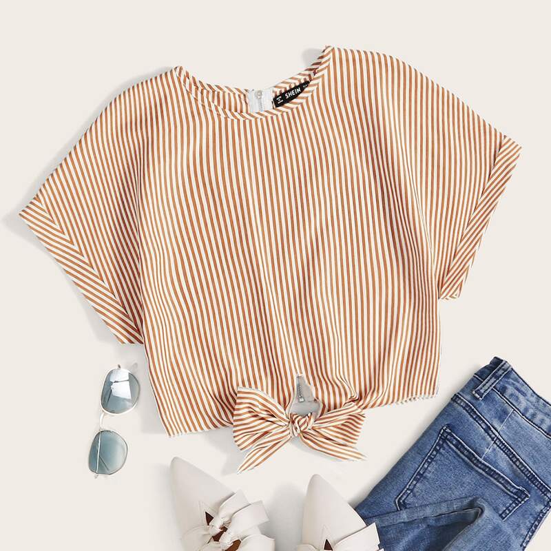 

Striped Tie Front Zip Back Blouse, Orange