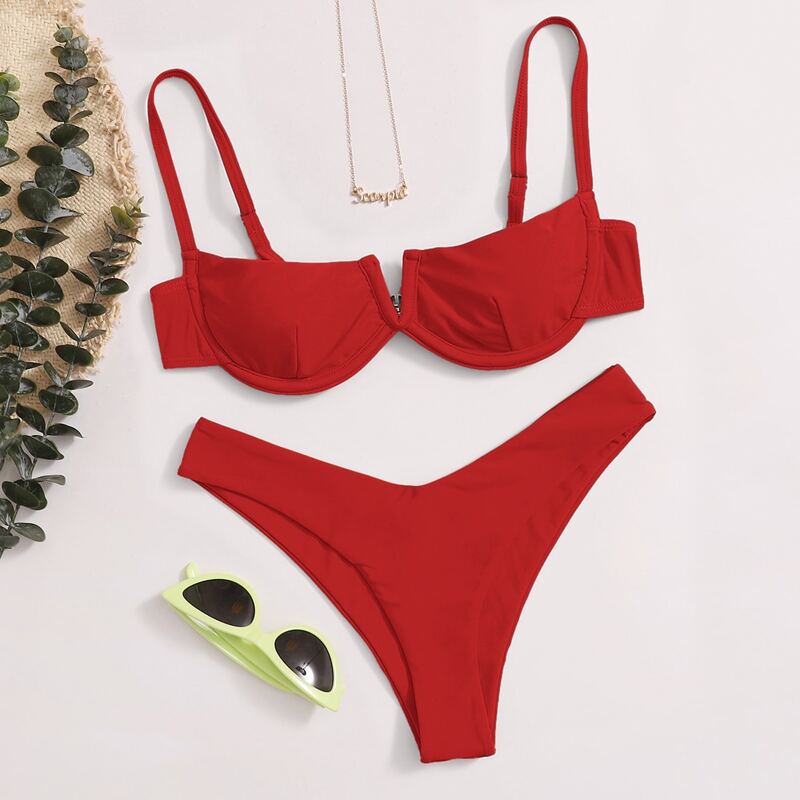 

V Wired Underwire High Cut Bikini Swimsuit, Red