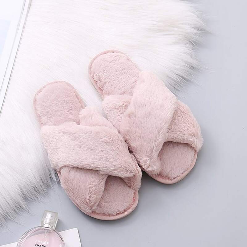 

Cross Strap Fluffy Slippers, Pastel baby pink
