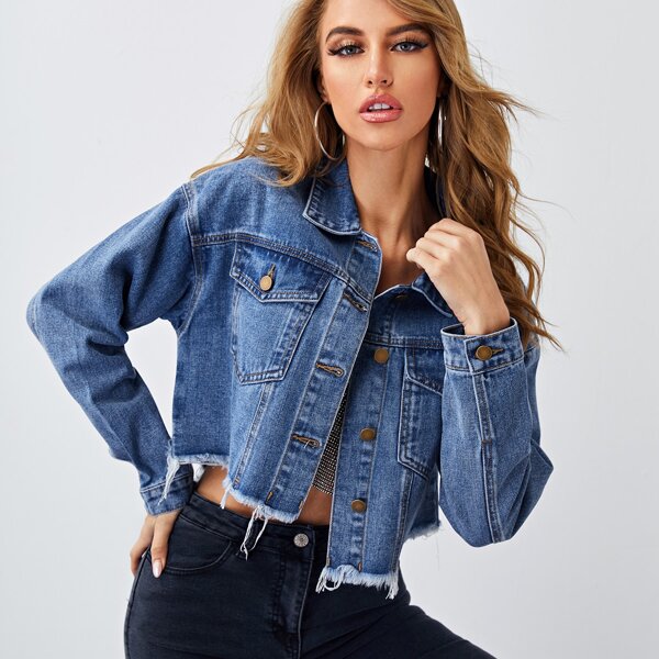

Button Front Raw Hem Denim Jacket, Medium wash
