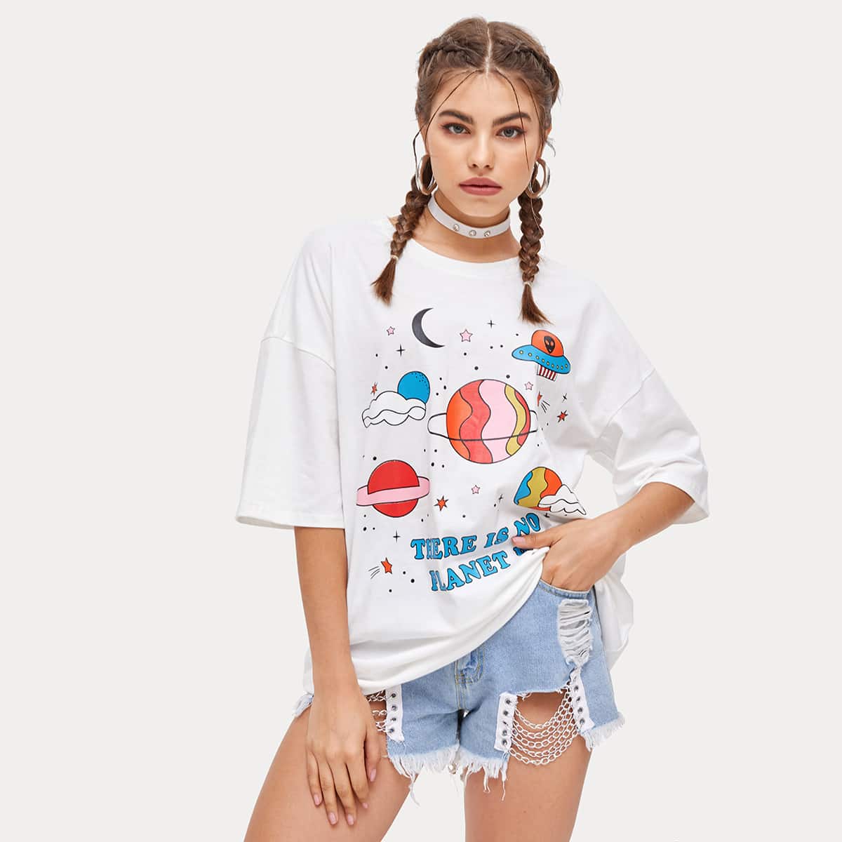 

Cartoon Planet Graphic Boyfriend Tee, White
