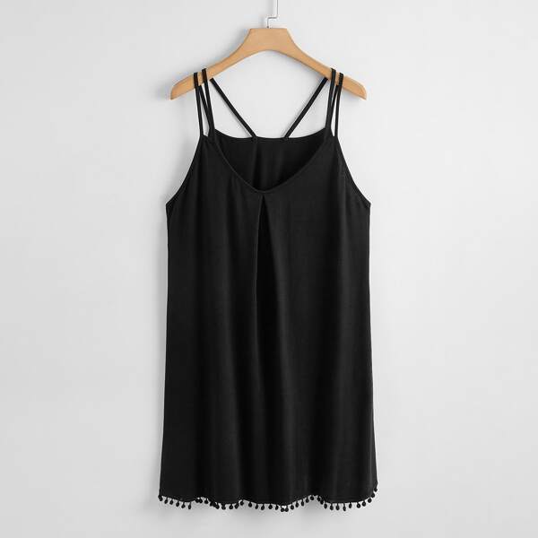 

Plus Pom Pom Hem Double Strappy Cami Dress, Black