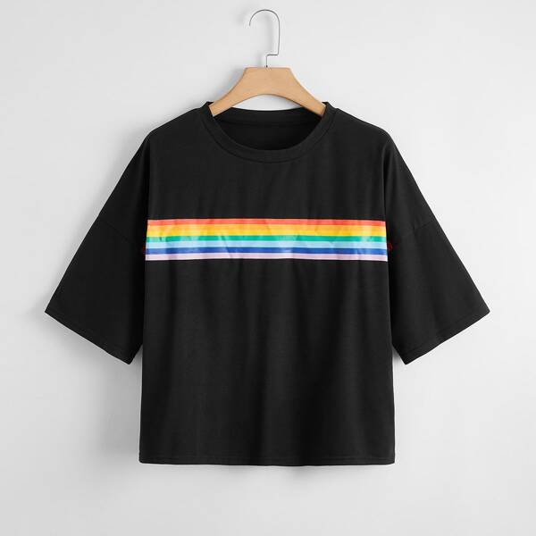 

Plus Rainbow Striped Drop Shoulder Sleep Top, Black