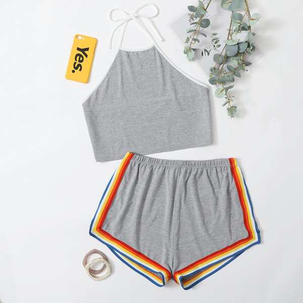 

Plus Rainbow Striped Halter Pajama Set, Grey