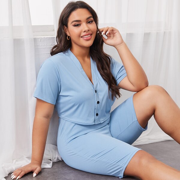 

Plus Rib-Knit Solid Pajama Set, Baby blue