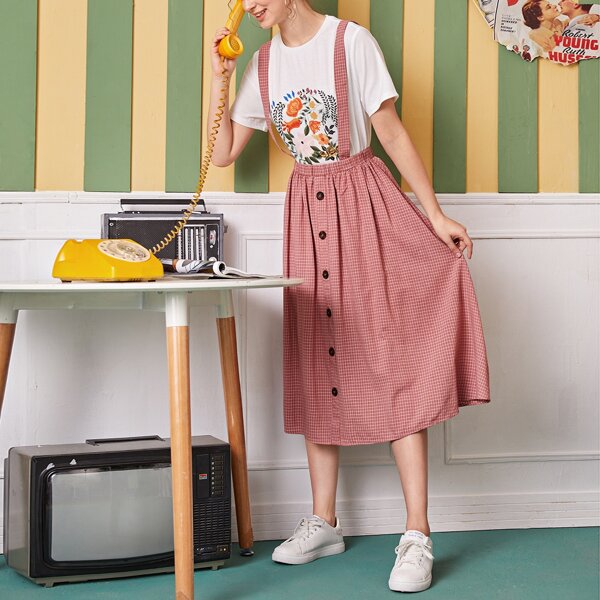 

Floral Print Top & Buttoned Front Plaid Pinafore Skirt Set, Multicolor