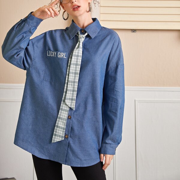 

Collared Drop Shoulder Letter Embroidery Pocket Blouse With Tie, Blue