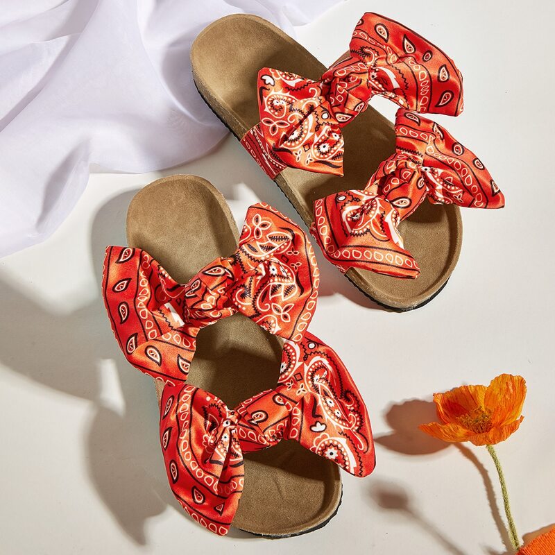 

Bow Decor Geometric Graphic Slide Sandals, Orange