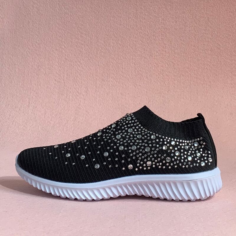 

Rhinestone Decor Slip On Knit Sneakers, Black