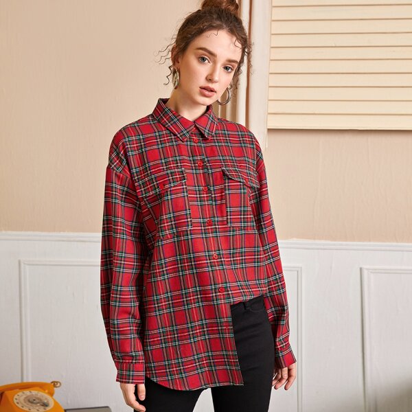 

Collared Flap Pocket Patched Tartan Blouse, Multicolor