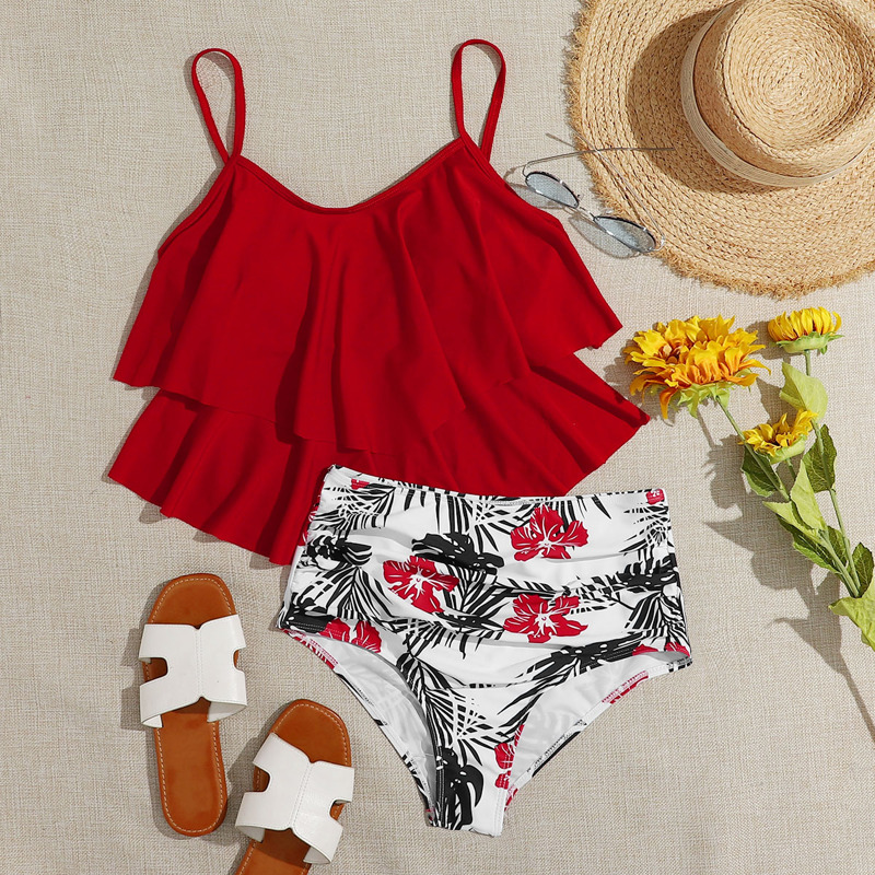 

Tropical Tiered Layer High Waisted Bikini Swimsuit, Multicolor