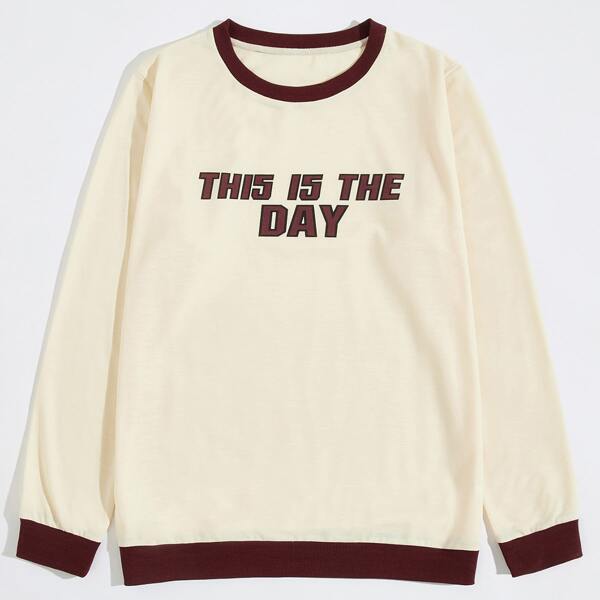 

Men Slogan Graphic Contrast Binding Sweatshirt, Beige
