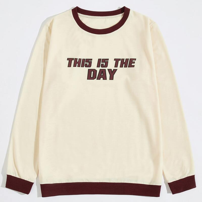 

Guys Slogan Graphic Contrast Binding Sweatshirt, Beige