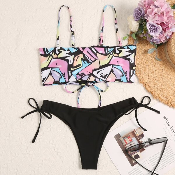 

Graphic Tie Side Bikini Swimsuit, Multicolor