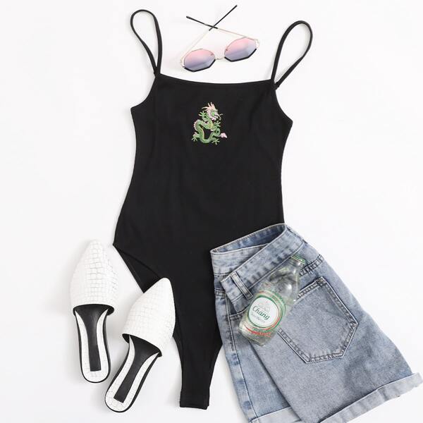 

Dragon Embroidery High Cut Bodysuit, Black