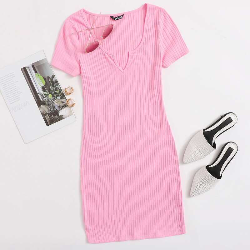 

Notched Neck Rib-knit Dress, Baby pink