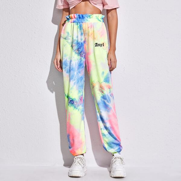 

Ruffle Trim Letter Graphic Tie Dye Sweatpants, Multicolor