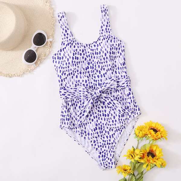 

Allover Print Tie Front One Piece Swimsuit, Purple