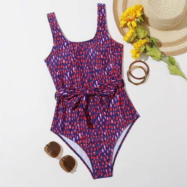 

Allover Print Tie Front One Piece Swimsuit, Multicolor