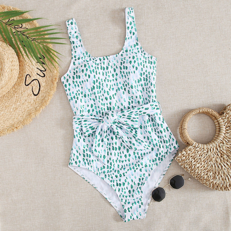 

Allover Print Tie Front One Piece Swimsuit, Green