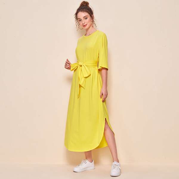 

Self Belted Curved Hem Dress, Yellow bright