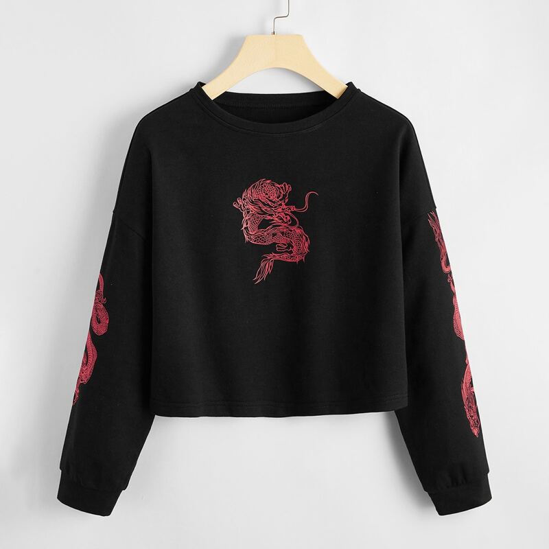 

Chinese Dragon Print Drop Shoulder Crop Sweatshirt, Black