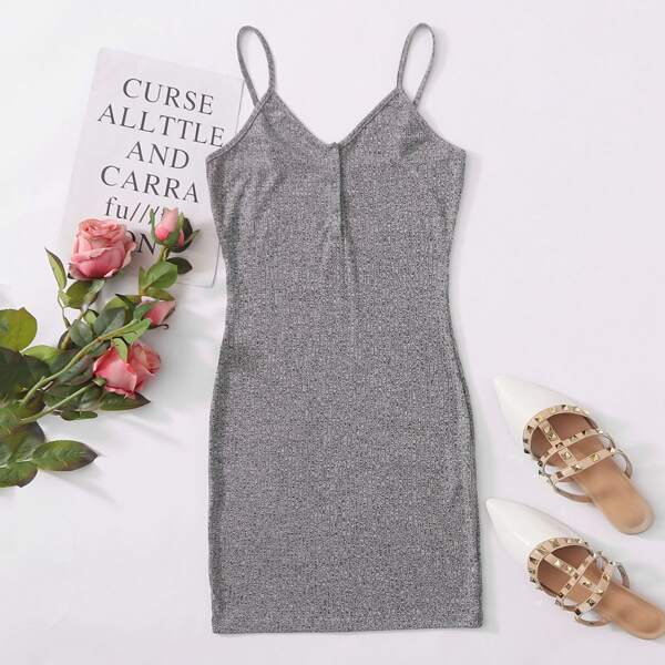 

Buttoned Front Rib-knit Slip Dress, Grey