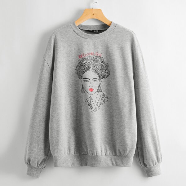

Drop Shoulder Letter and Figure Graphic Pullover, Grey