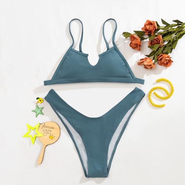 

Cut-out High Leg Bikini Swimsuit, Cadet blue