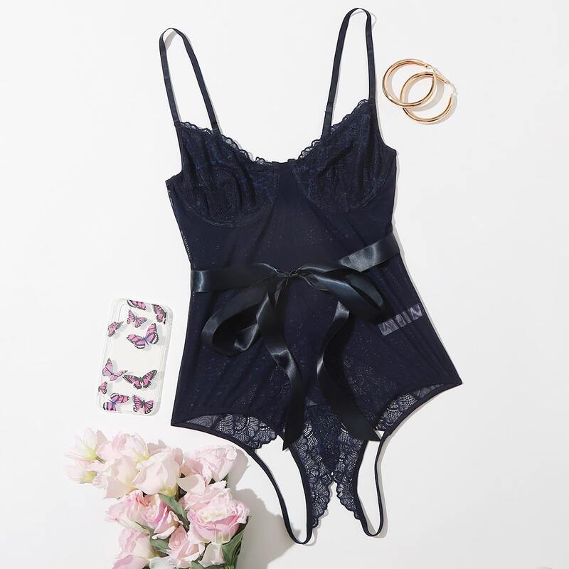 

Floral Lace Mesh Crotchless Teddy Bodysuit & Belt, Navy blue