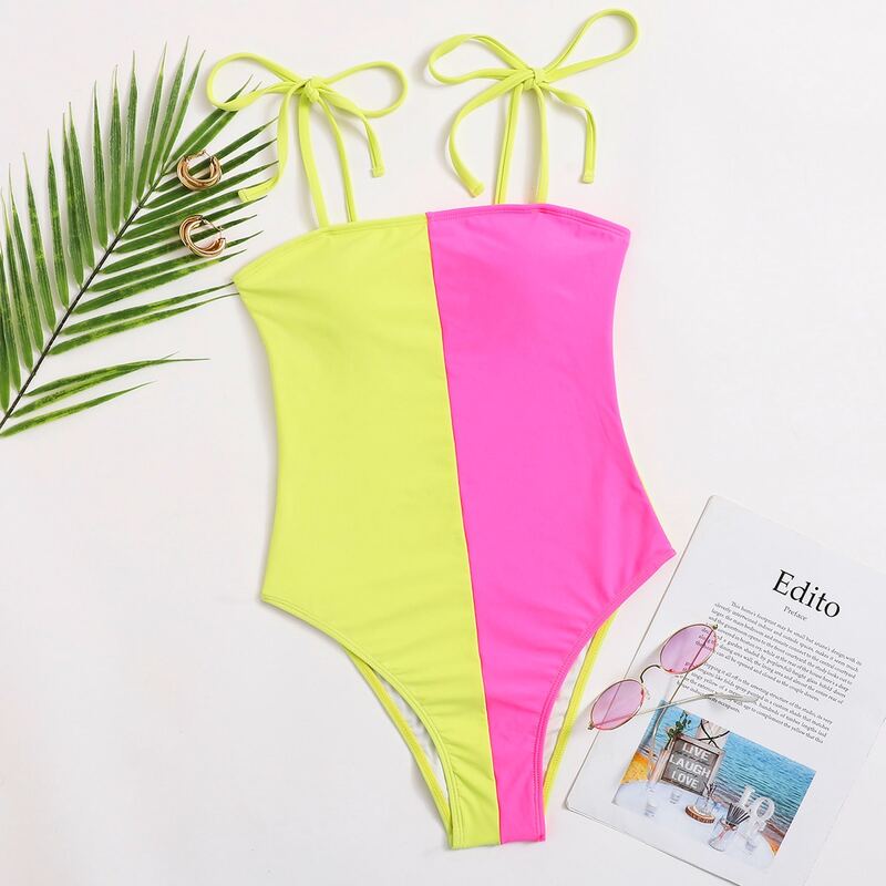 

Two Tone Tie Shoulder One Piece Swimsuit, Multicolor
