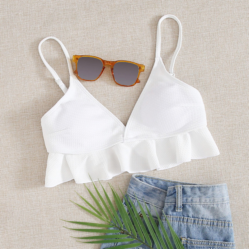 

Textured Ruffle Trim Bikini Top, White