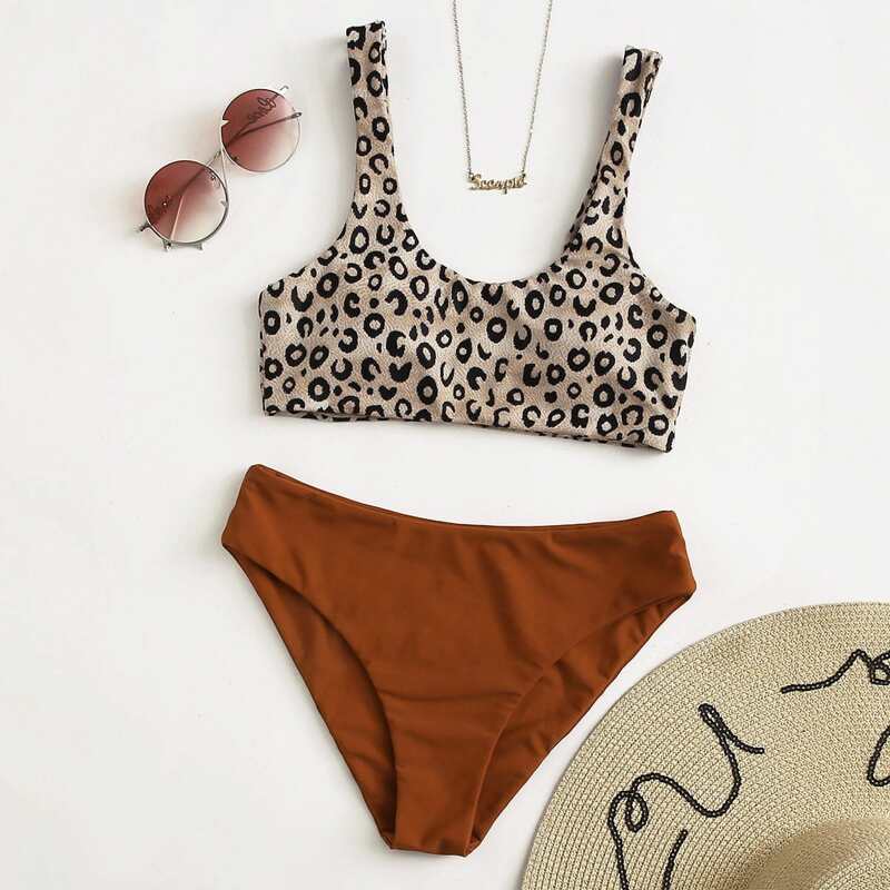 

Leopard Scoop Neck Bikini Swimsuit, Multicolor