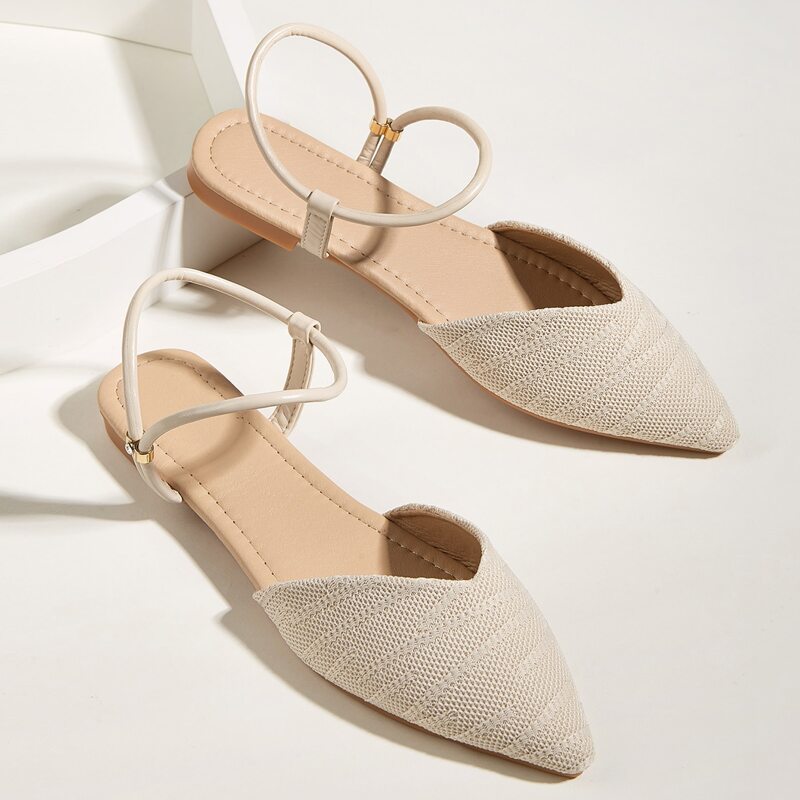 

Point Toe Ankle Strap Flats, Beige