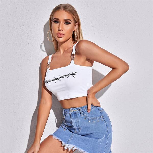 

Graphic Print Crop Cami Top, White