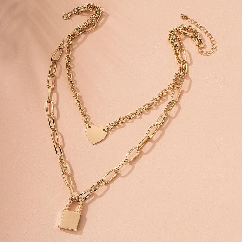

Lock Layered Chain Necklace, Gold