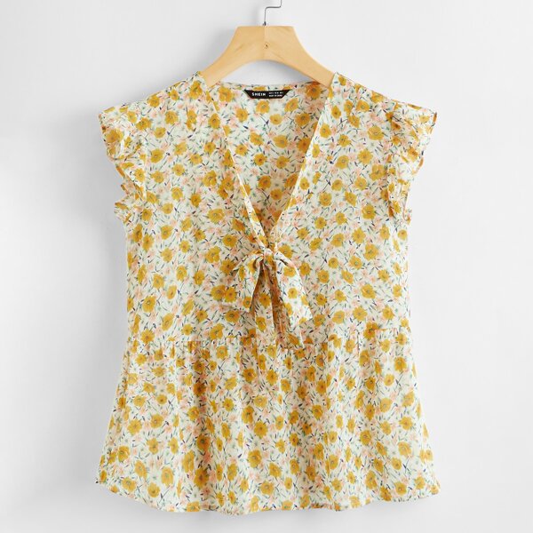 

Ditsy Floral Tie Neck Peplum Blouse, Multicolor