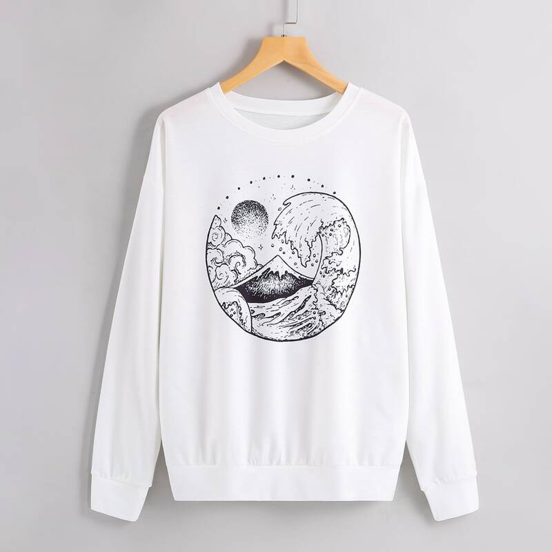 

Wave Print Drop Shoulder Sweatshirt, White