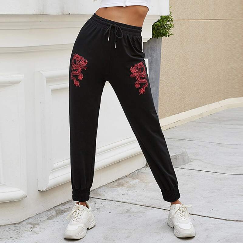 

Symmetrical Chinese Dragon Print Drawstring Sweatpants, Black